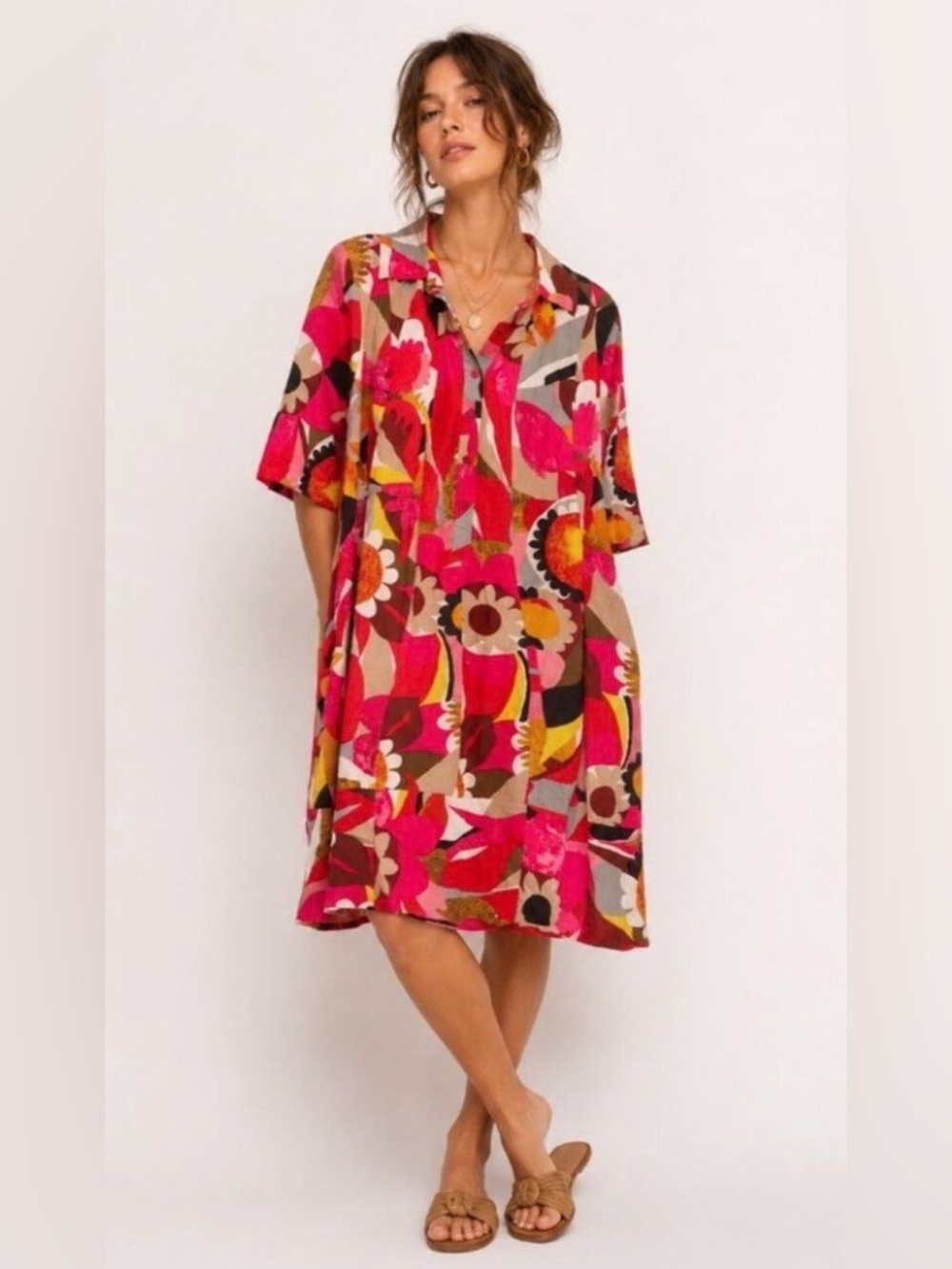 Dalin Bright Floral Cotton Shirt Dress Pockets Relaxed Fit Artsy Lagenlook L
